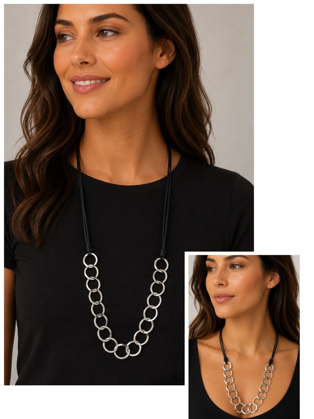 Beautiful statement necklace with an adjustable black cord and polished silver-t